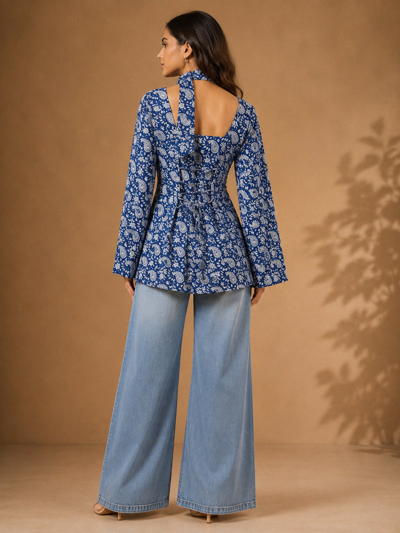 Stylum Women's Blue Paisley Printed Cotton Straight Top (TOPBLUETRUNK)