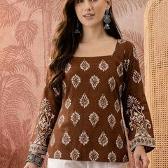 Stylum Women's Brown Block Printed Rayon Straight Top (TOPBROWNMASKA)