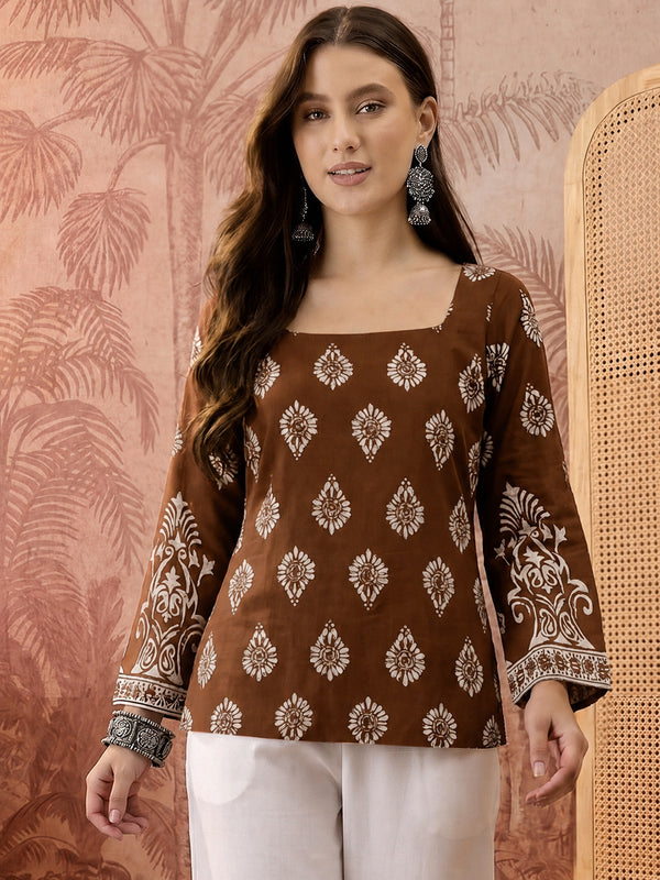 Stylum Women's Brown Block Printed Rayon Straight Top (TOPBROWNMASKA)