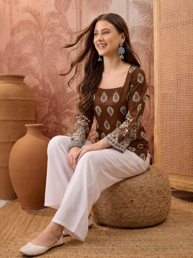 Stylum Women's Brown Block Printed Rayon Straight Top (TOPBROWNMASKA)