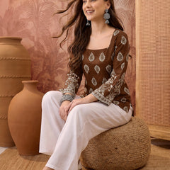 Stylum Women's Brown Block Printed Rayon Straight Top (TOPBROWNMASKA)