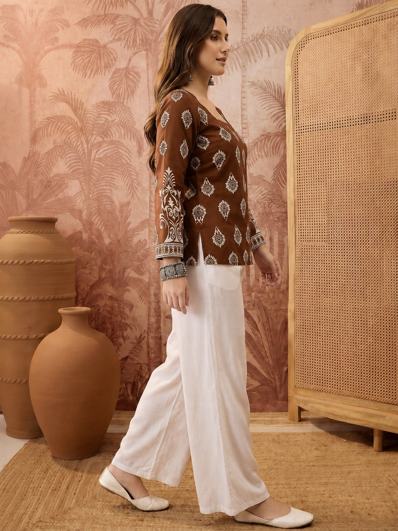 Stylum Women's Brown Block Printed Rayon Straight Top (TOPBROWNMASKA)
