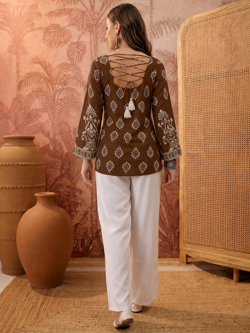 Stylum Women's Brown Block Printed Rayon Straight Top (TOPBROWNMASKA)