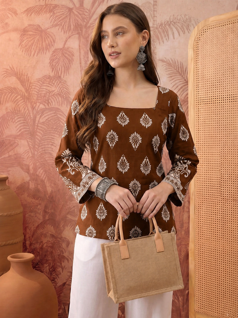 Stylum Women's Brown Block Printed Rayon Straight Top (TOPBROWNMASKA)