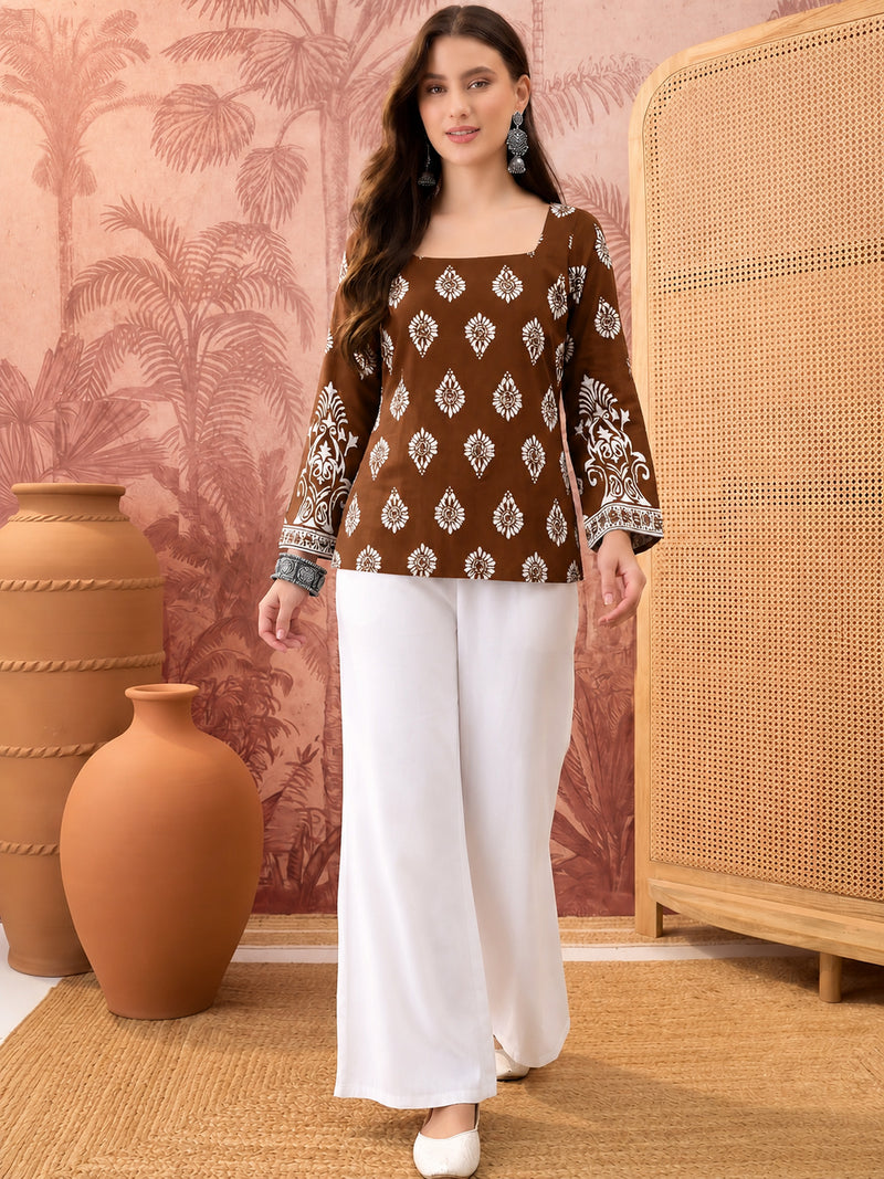 Stylum Women's Brown Block Printed Rayon Straight Top (TOPBROWNMASKA)