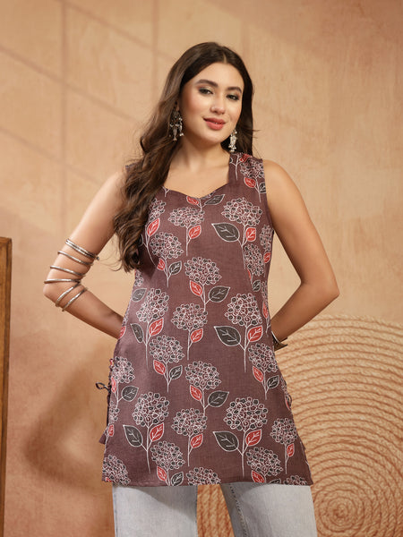 Stylum Women's Brown Ikkat Printed Cotton Blend Straight Top (TOPBROWNOMMY)