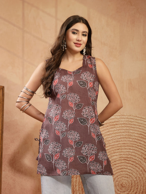 Stylum Women's Brown Ikkat Printed Cotton Blend Straight Top (TOPBROWNOMMY)