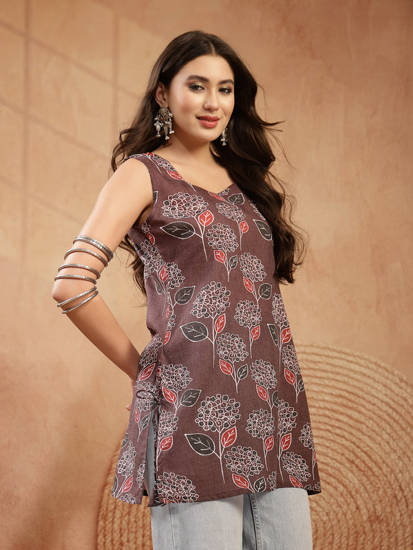 Stylum Women's Brown Ikkat Printed Cotton Blend Straight Top (TOPBROWNOMMY)