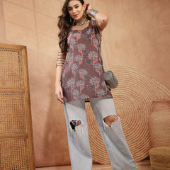 Stylum Women's Brown Ikkat Printed Cotton Blend Straight Top (TOPBROWNOMMY)