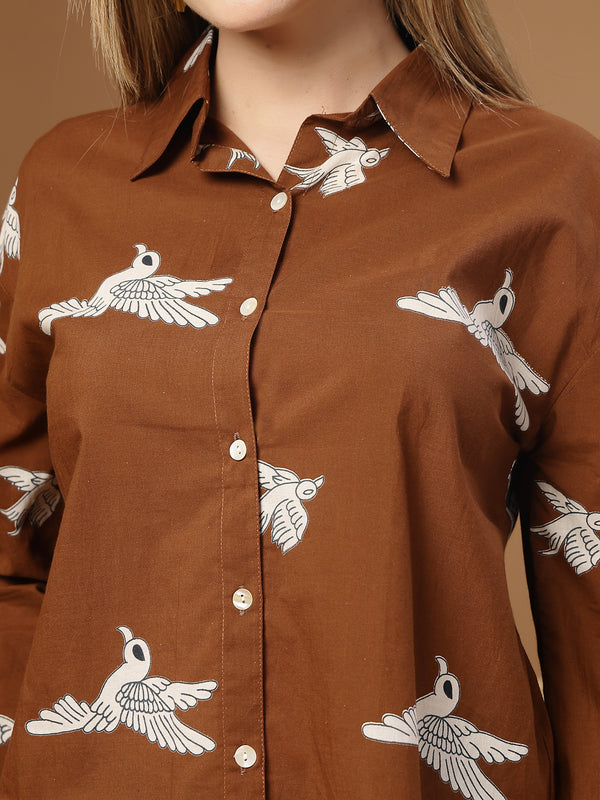 Stylum Women's Brown Printed Rayon High-Low Shirt (TOPBROWNSAUNF)