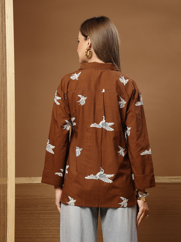 Stylum Women's Brown Printed Rayon High-Low Shirt (TOPBROWNSAUNF)