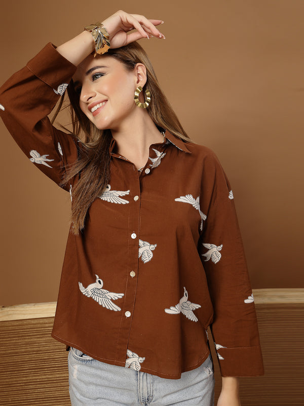 Stylum Women's Brown Printed Rayon High-Low Shirt (TOPBROWNSAUNF)