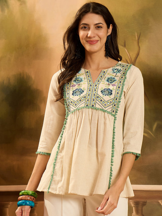 Stylum Women's Cream Solid & Embroidered Cotton Flex Empire Top (TOPCREAMCRETA)