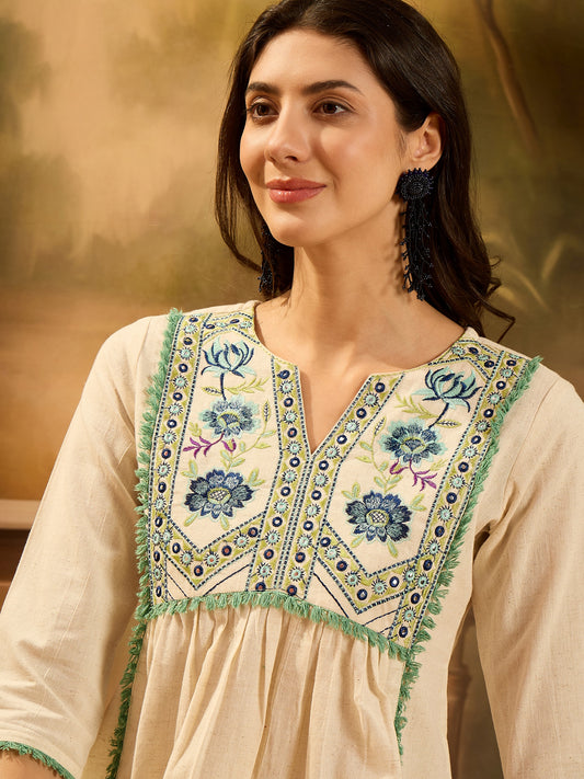 Stylum Women's Cream Solid & Embroidered Cotton Flex Empire Top (TOPCREAMCRETA)