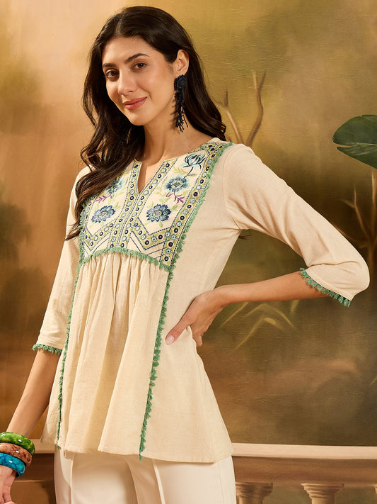 Stylum Women's Cream Solid & Embroidered Cotton Flex Empire Top (TOPCREAMCRETA)