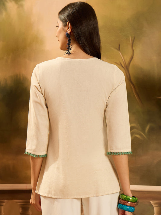 Stylum Women's Cream Solid & Embroidered Cotton Flex Empire Top (TOPCREAMCRETA)