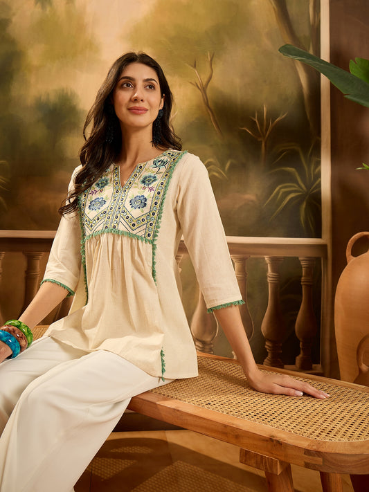 Stylum Women's Cream Solid & Embroidered Cotton Flex Empire Top (TOPCREAMCRETA)