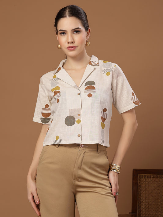 Stylum Women's Cream Geometric Printed Cotton Crop Top (TOPCREAMMASHA)