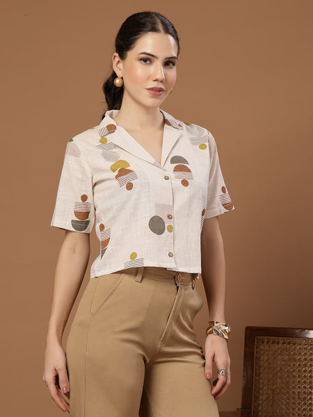 Stylum Women's Cream Geometric Printed Cotton Crop Top (TOPCREAMMASHA)
