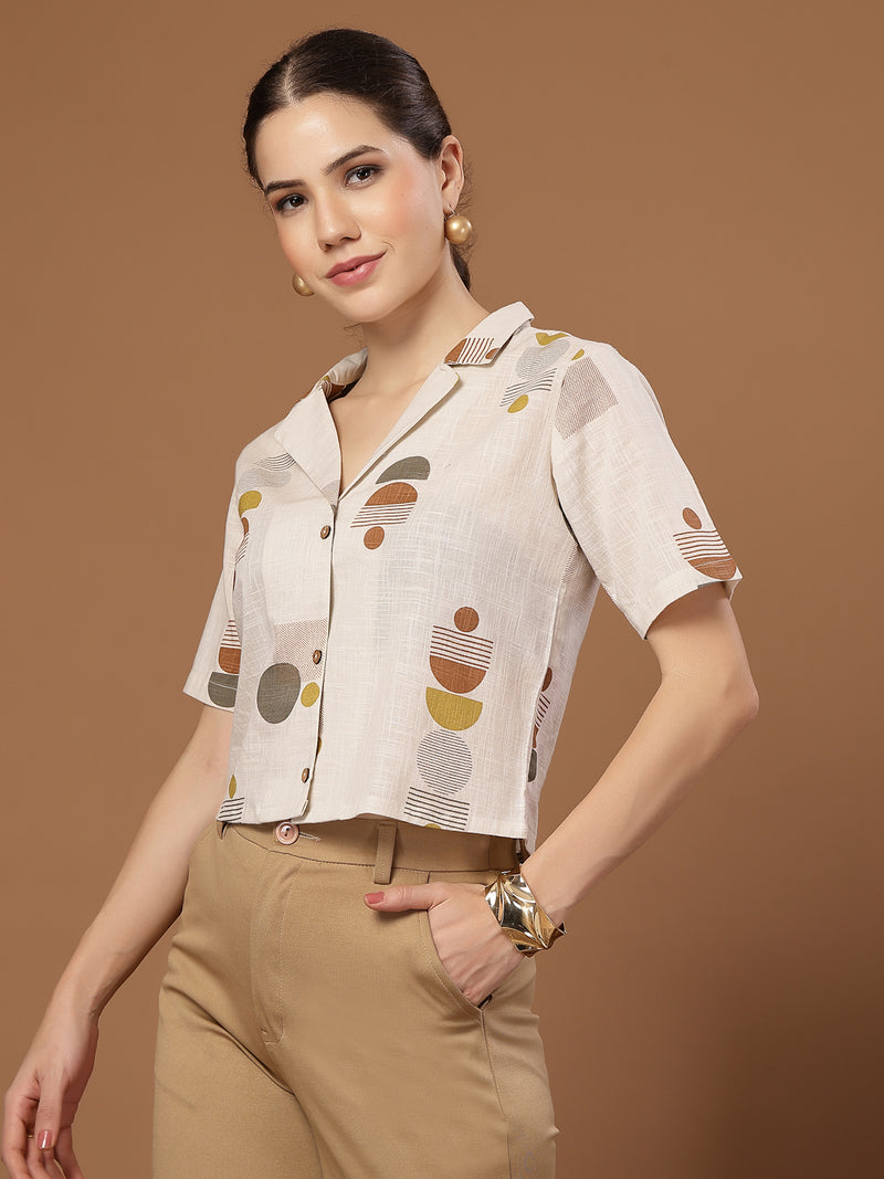 Stylum Women's Cream Geometric Printed Cotton Crop Top (TOPCREAMMASHA)