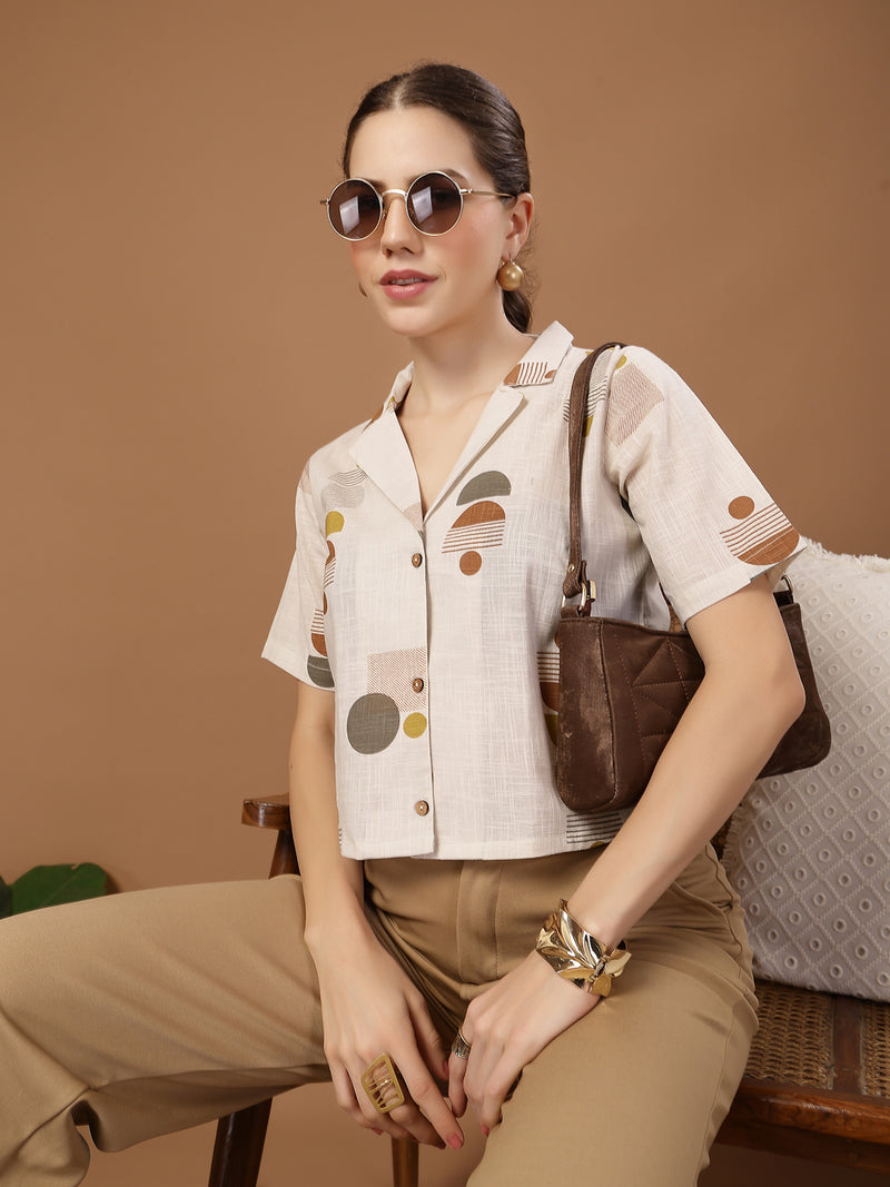 Stylum Women's Cream Geometric Printed Cotton Crop Top (TOPCREAMMASHA)