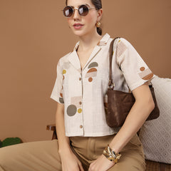 Stylum Women's Cream Geometric Printed Cotton Crop Top (TOPCREAMMASHA)