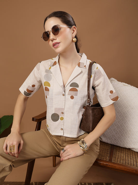 Stylum Women's Cream Geometric Printed Cotton Crop Top (TOPCREAMMASHA)