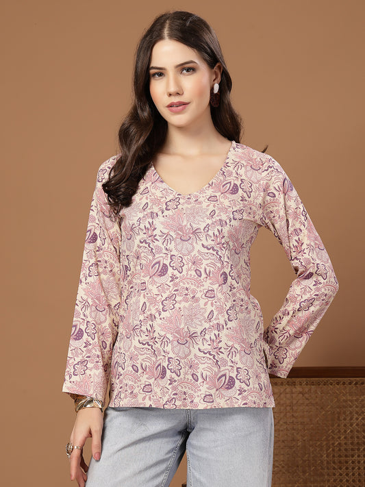 Stylum Women's Cream Floral Printed Cotton Straight Top (TOPCREAMMILD)