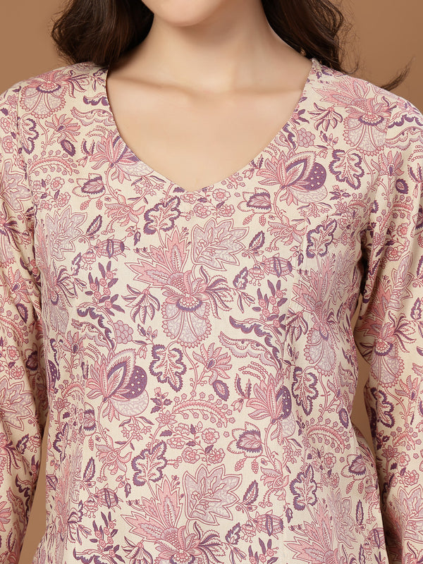 Stylum Women's Cream Floral Printed Cotton Straight Top (TOPCREAMMILD)