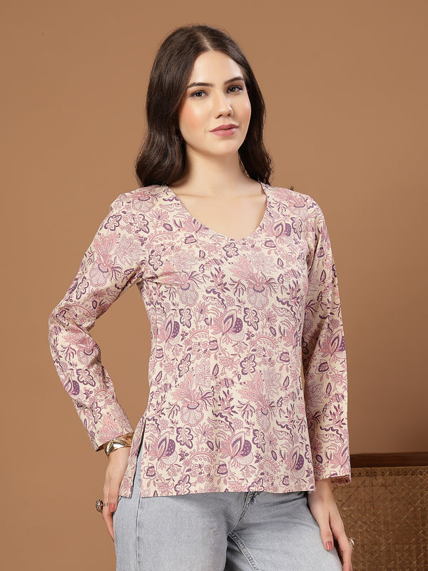 Stylum Women's Cream Floral Printed Cotton Straight Top (TOPCREAMMILD)