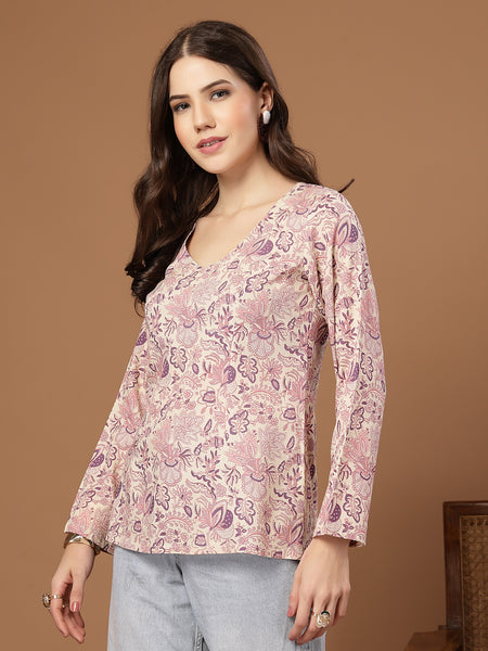 Stylum Women's Cream Floral Printed Cotton Straight Top (TOPCREAMMILD)