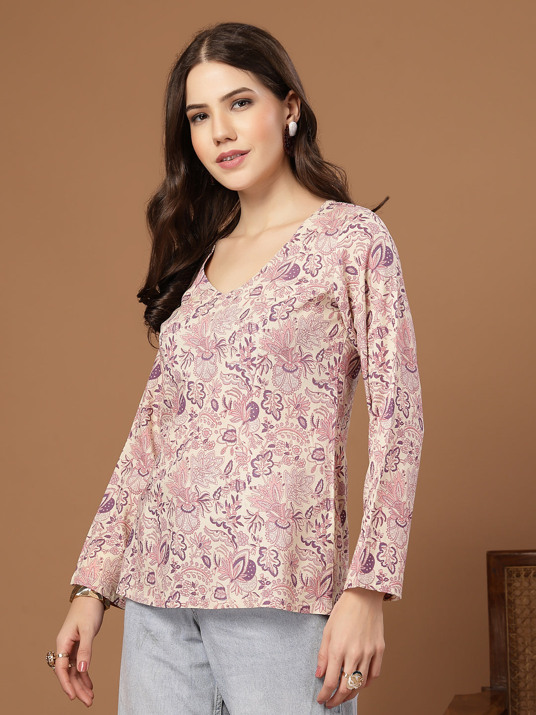 Stylum Women's Cream Floral Printed Cotton Straight Top (TOPCREAMMILD)