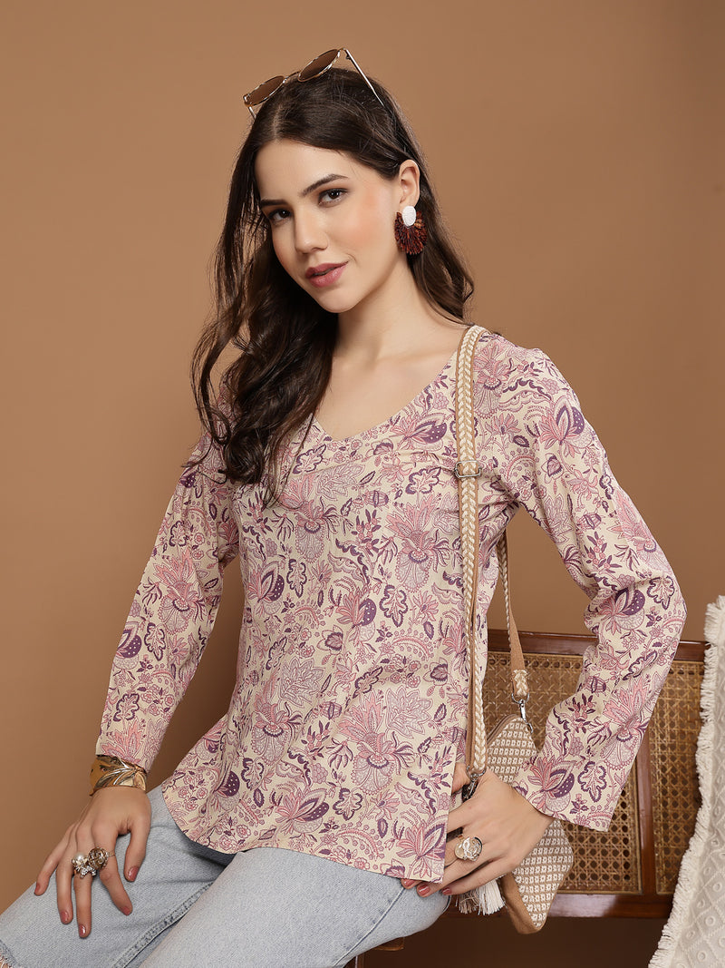 Stylum Women's Cream Floral Printed Cotton Straight Top (TOPCREAMMILD)