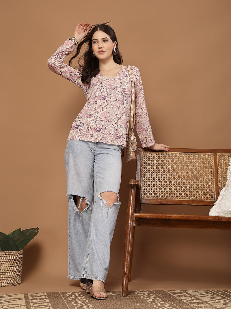 Stylum Women's Cream Floral Printed Cotton Straight Top (TOPCREAMMILD)