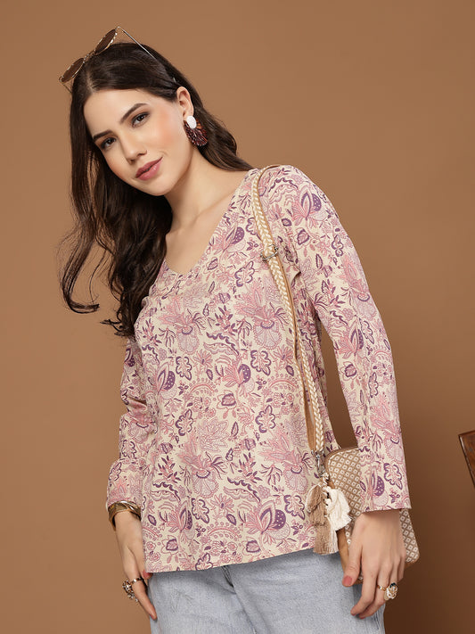 Stylum Women's Cream Floral Printed Cotton Straight Top (TOPCREAMMILD)