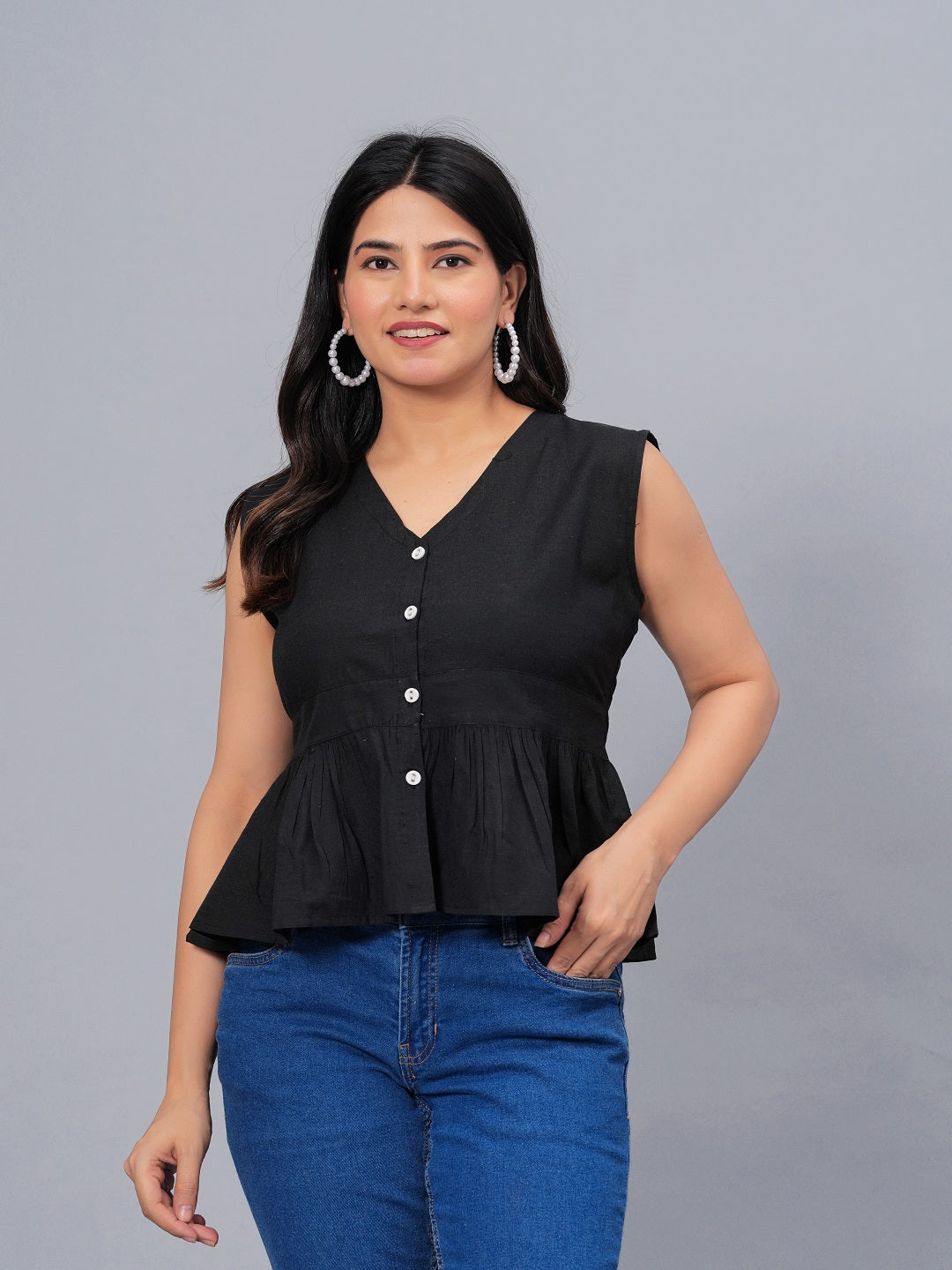 Stylum Women's Solid Cotton Blend Peplum Top (TOPGGBLACKSOLLY)