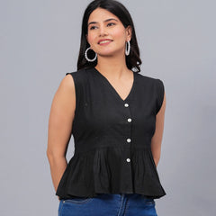 Stylum Women's Solid Cotton Blend Peplum Top (TOPGGBLACKSOLLY)