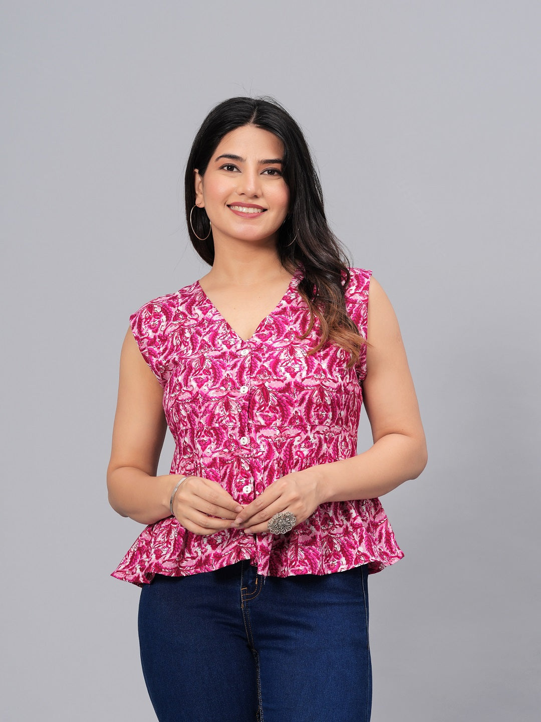 Stylum Women's Printed Rayon Peplum Top (TOPGGCHERRYPINK)