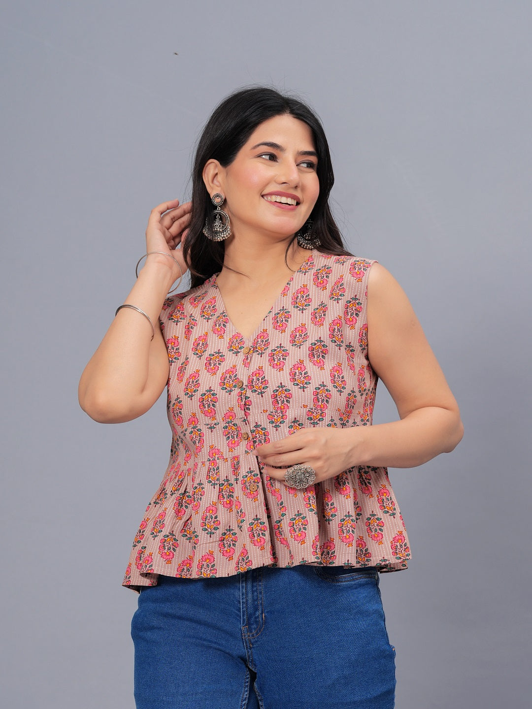 Floral Printed Sleeveless Peplum Pure Cotton Top