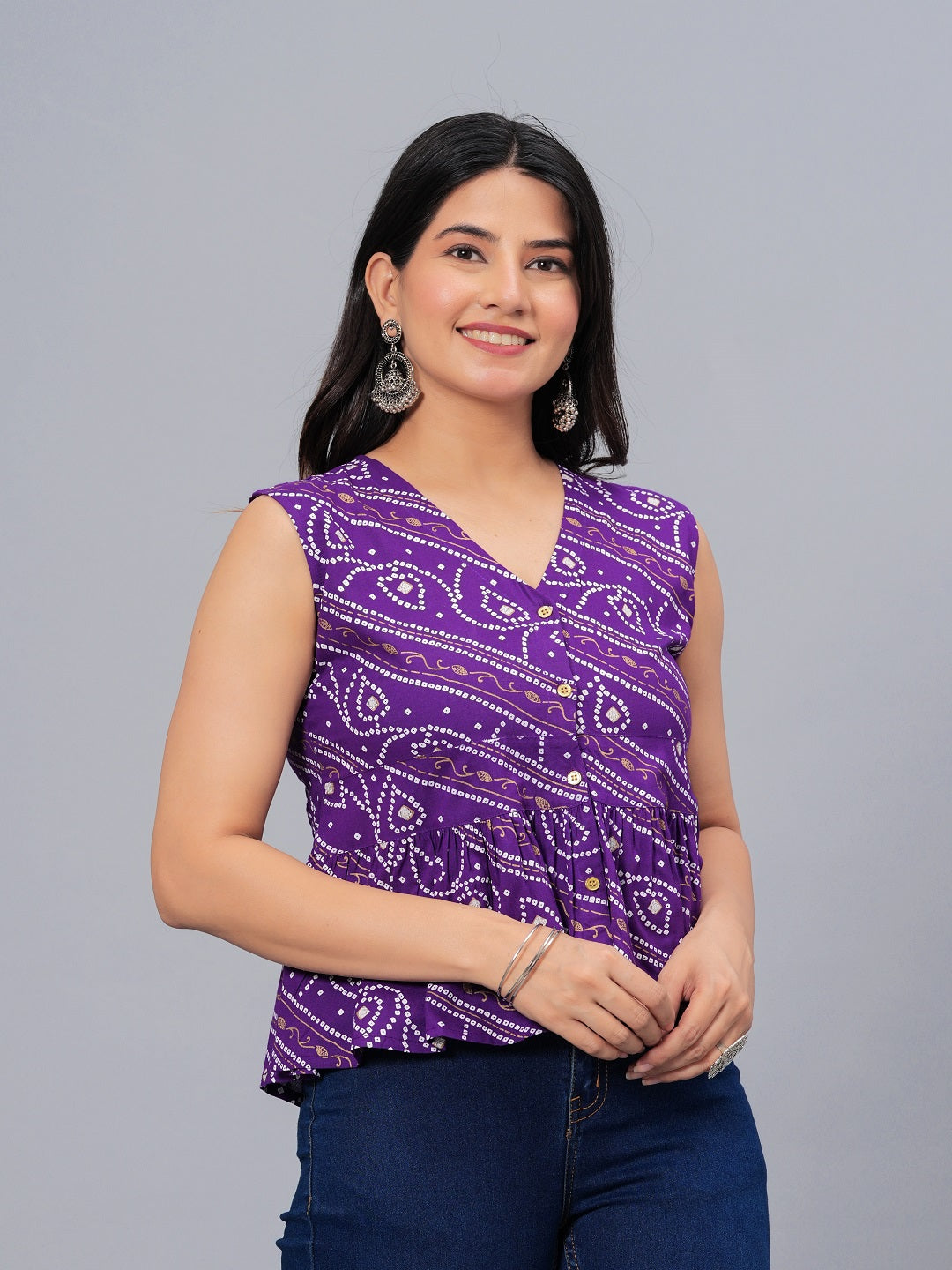 Stylum Women's Bandhej Printed Rayon Peplum Top (TOPGGPURPLECHARLI)