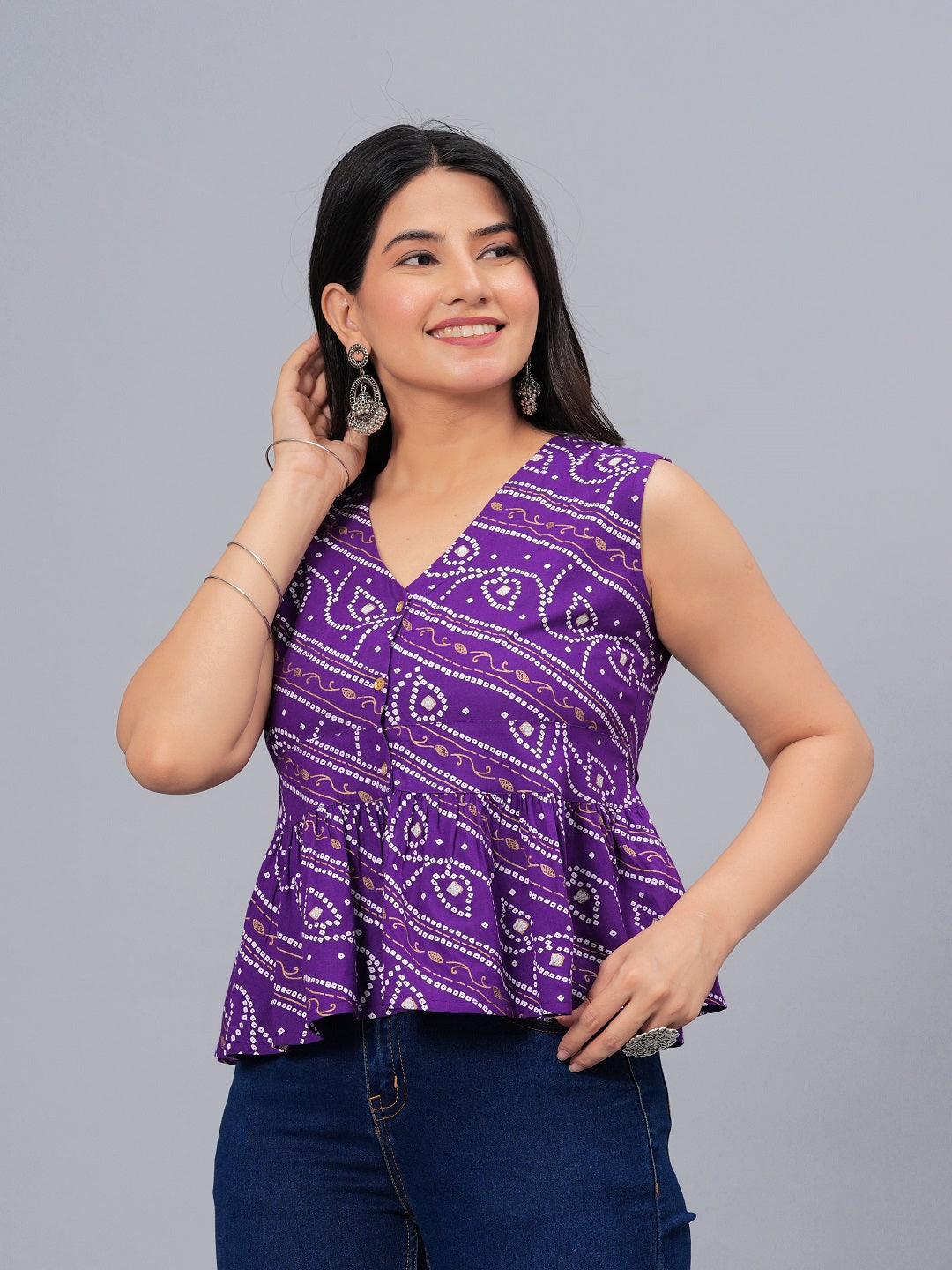 Stylum Women's Bandhej Printed Rayon Peplum Top (TOPGGPURPLECHARLI)