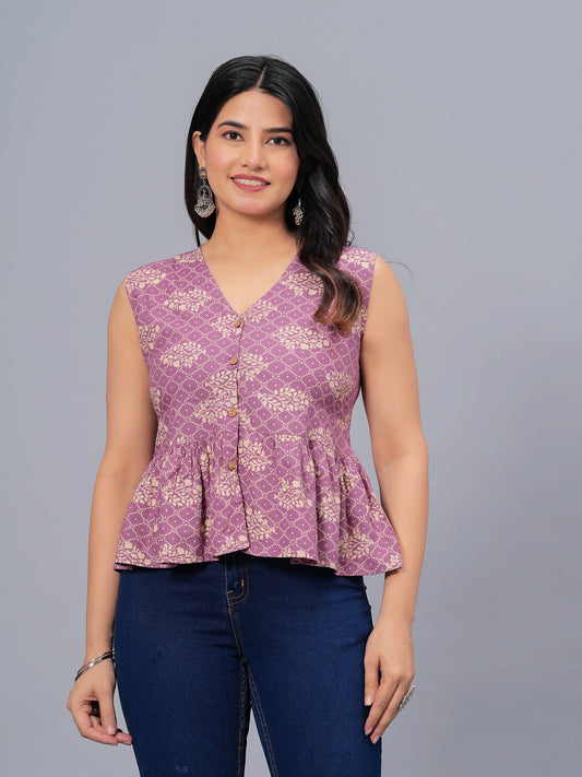 Stylum Women's Bandhej Printed Rayon Peplum Top (TOPGGPURPLEKOHLI)