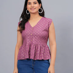 Stylum Women's Gold & Khari Printed Rayon Peplum Top (TOPGGSONYPURPLE)