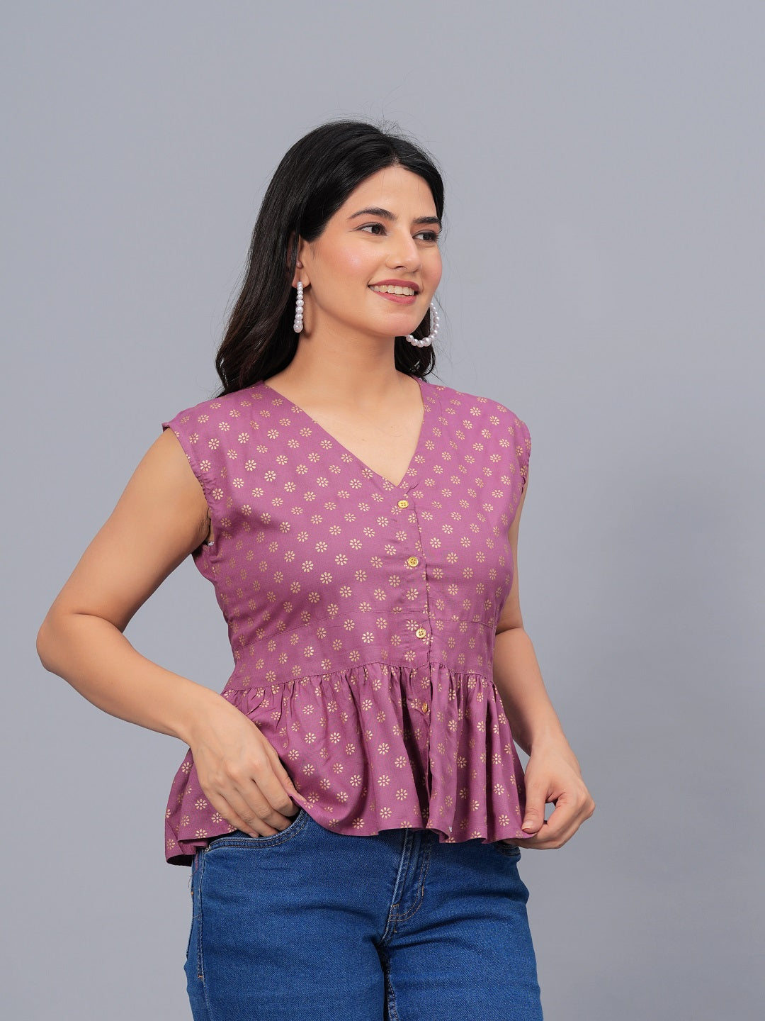 Stylum Women's Gold & Khari Printed Rayon Peplum Top (TOPGGSONYPURPLE)