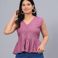 Stylum Women's Gold & Khari Printed Rayon Peplum Top (TOPGGSONYPURPLE)