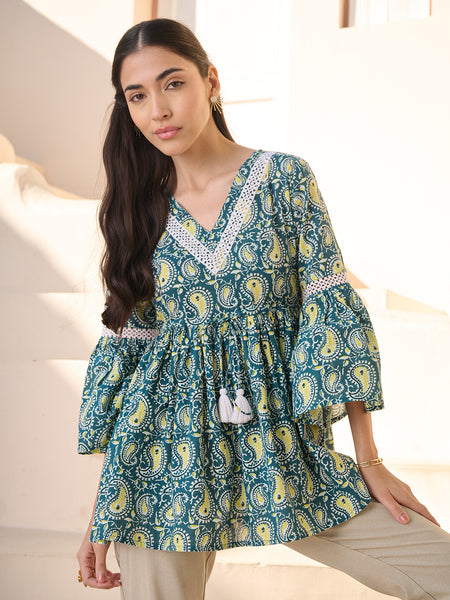 Stylum Women's Green Paisley Printed Cotton Empire Top (TOPGREENAPRIL)