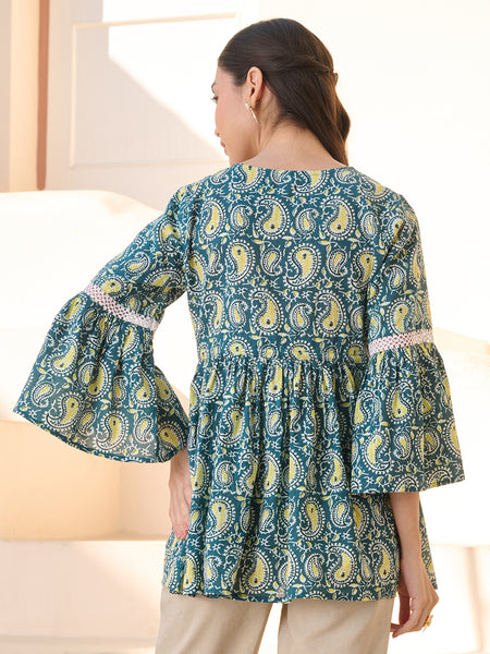 Stylum Women's Green Paisley Printed Cotton Empire Top (TOPGREENAPRIL)