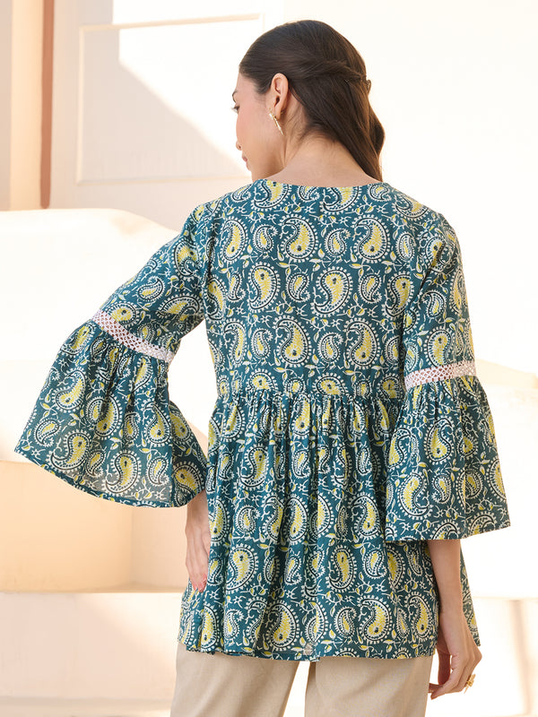 Stylum Women's Green Paisley Printed Cotton Empire Top (TOPGREENAPRIL)