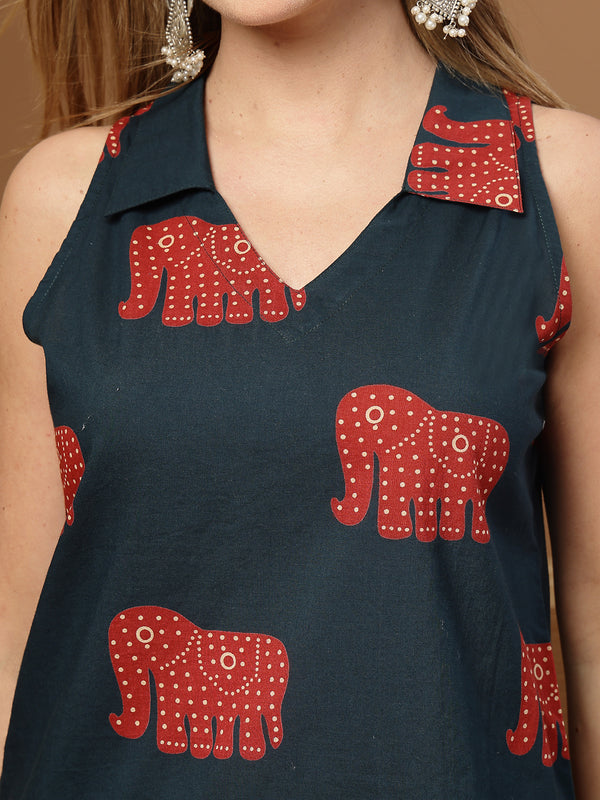 Stylum Women's Green Animal Printed Cotton Straight Top (TOPGREENHATHI)