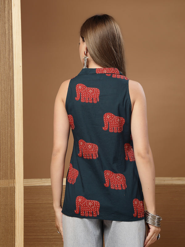 Stylum Women's Green Animal Printed Cotton Straight Top (TOPGREENHATHI)